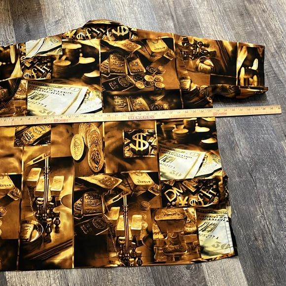Vintage 90s Impaq Sports Wear Money Gold Currency Photoprint Hawaiian Shirt Men - Picture 12 of 14